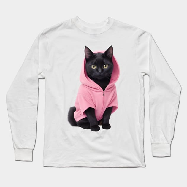 Cute black cat wearing pink hoodie Long Sleeve T-Shirt by Luckymoney8888